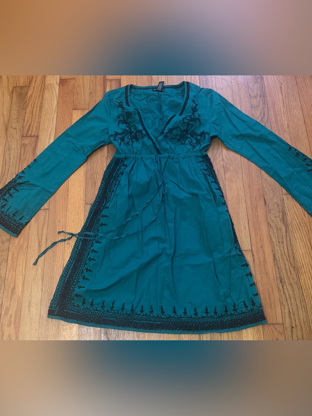 Lucky Brand Teal Long-Sleeve Embroidered Wrap Dress